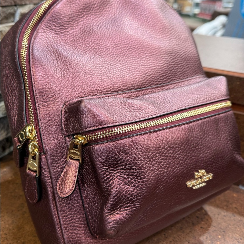 Coach Charlie Metallic Burgundy Pebbled Leather Backpack